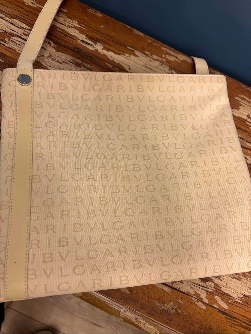 Bulgari Cream Monogram Canvas Tote with Leather Trim